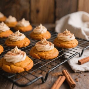 Freshly baked soft pumpkin cookies topped with creamy cinnamon frosting, cooling on a black wire rack in a rustic fall kitchen.