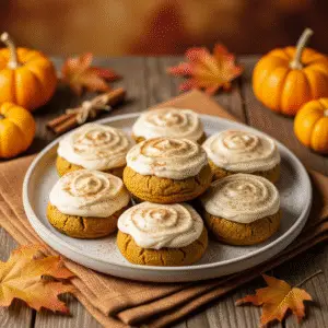 Freshly baked soft pumpkin cookies topped with creamy cinnamon frosting, cooling on a black wire rack in a rustic fall kitchen.