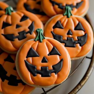 Jack-O’-Lantern Pumpkin Sugar Cookies decorated with icing and shaped like pumpkins