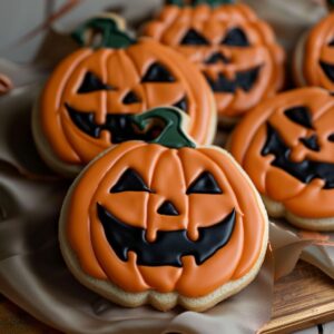 Jack-O’-Lantern Pumpkin Sugar Cookies decorated with icing and shaped like pumpkins