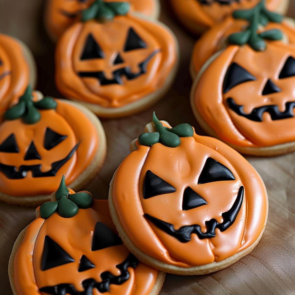 Jack O Lantern Pumpkin Sugar Cookies decorated with icing and shaped like pumpkins