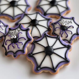 Decorated spider web Halloween sugar cookies with royal icing on a festive tray