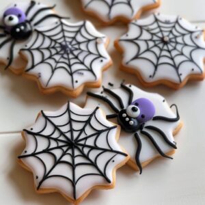 Decorated spider web Halloween sugar cookies with royal icing on a festive tray