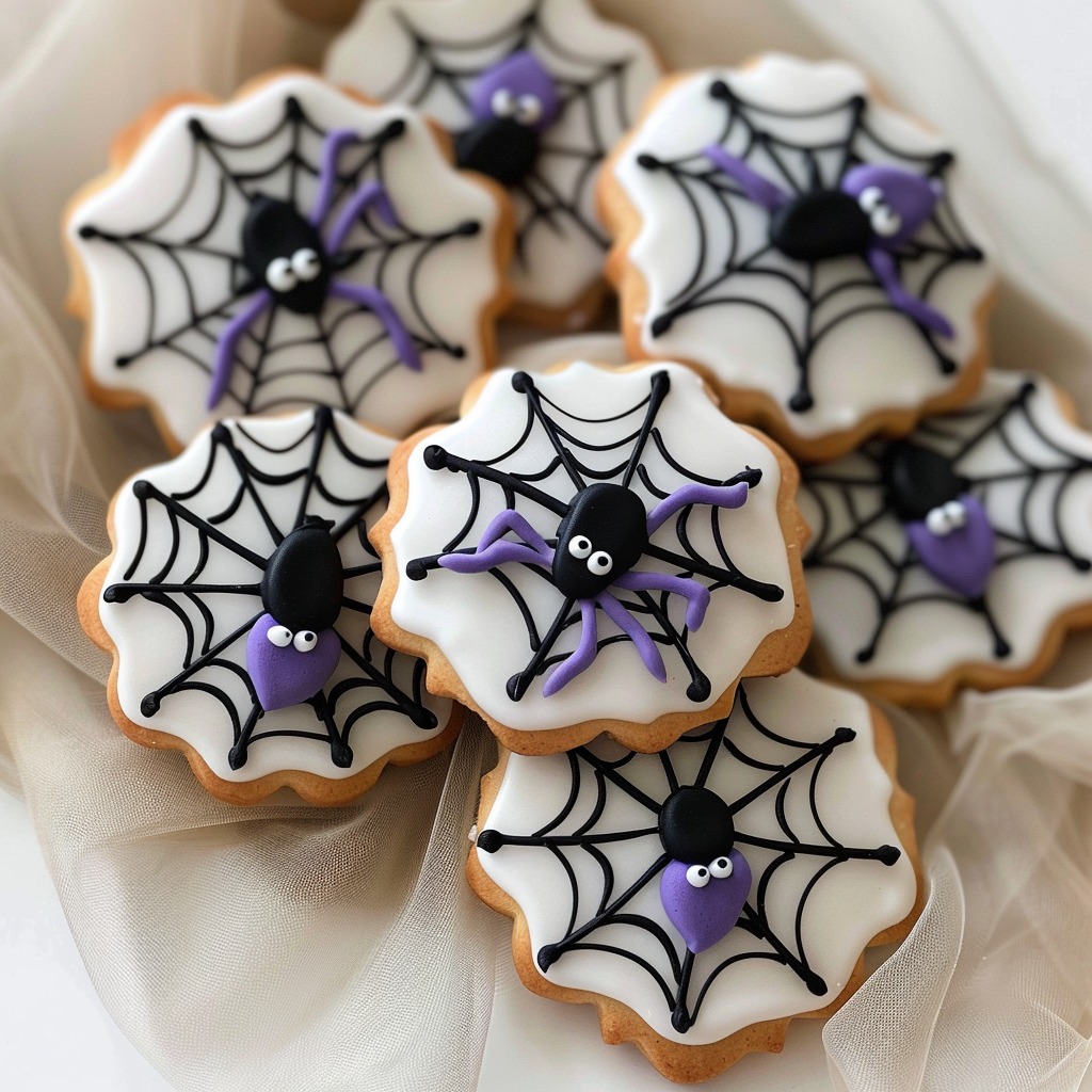 Decorated spider web Halloween sugar cookies with royal icing on a festive tray