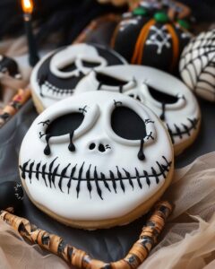 Jack Skellington Halloween sugar cookies decorated with spooky faces on a cooling rack