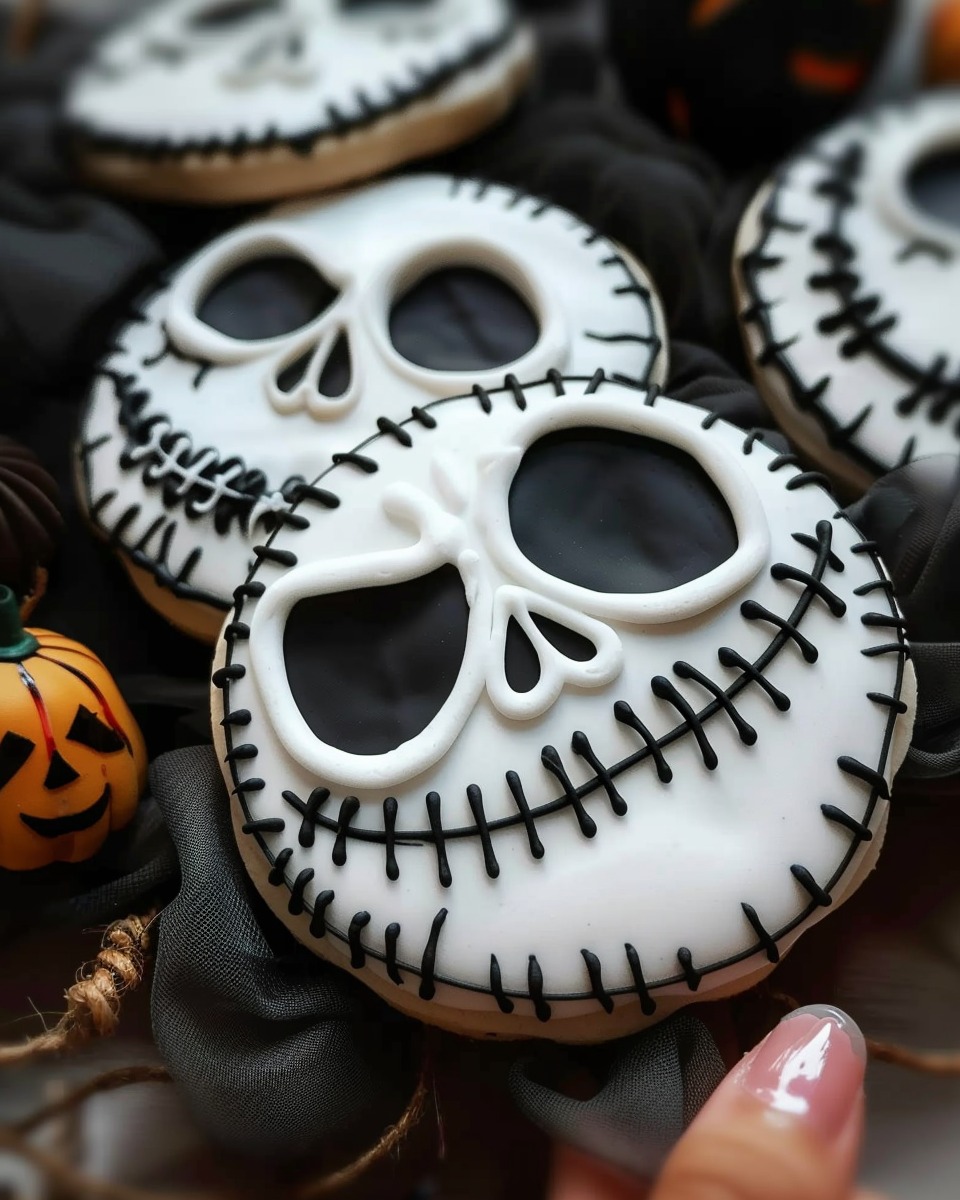 Jack Skellington Halloween sugar cookies decorated with spooky faces on a cooling rack