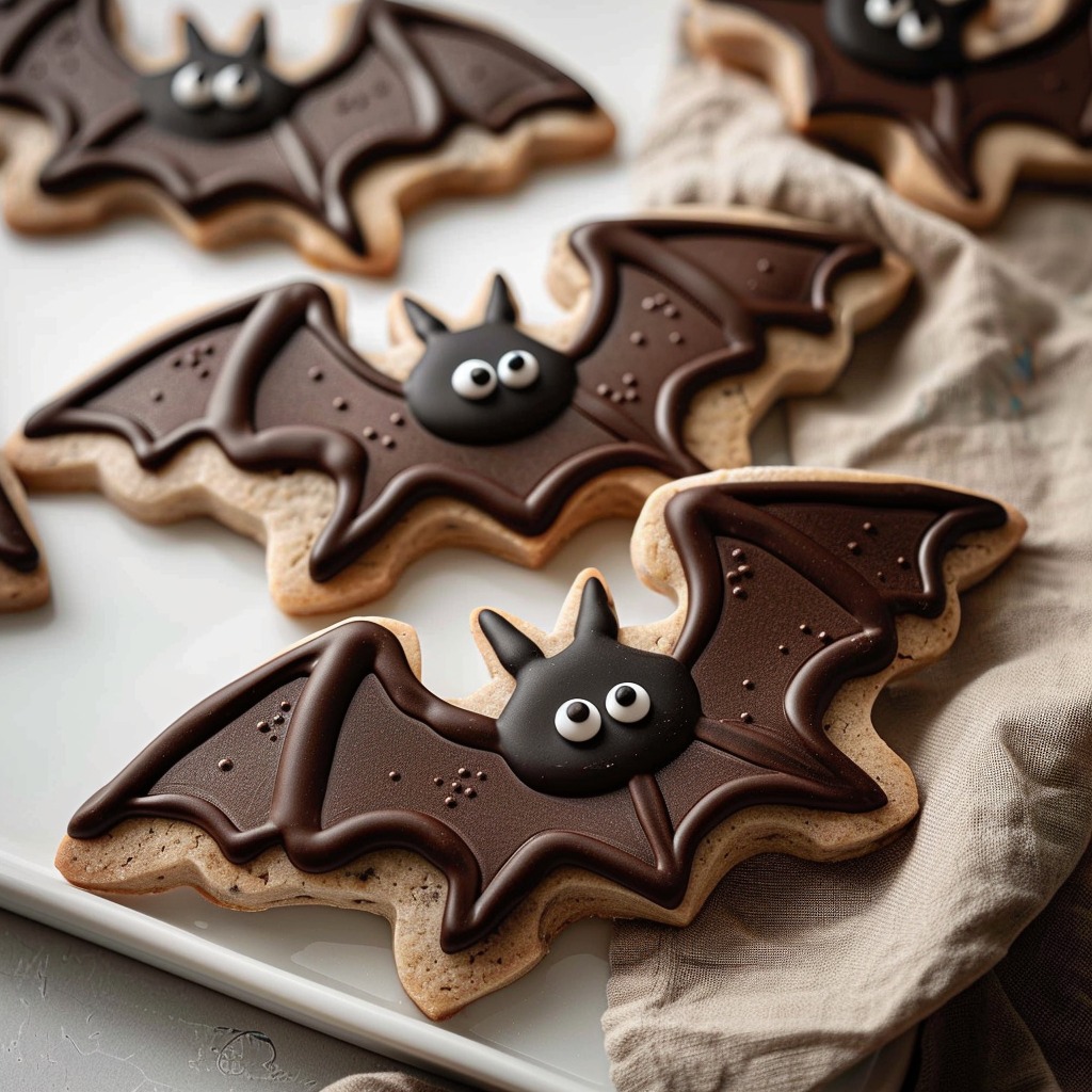 Spooky Bat Halloween Cookies decorated with candy eyes and chocolate frosting