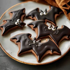 Spooky Bat Halloween Cookies decorated with candy eyes and chocolate frosting