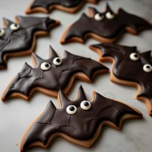 Spooky Bat Halloween Cookies decorated with candy eyes and chocolate frosting