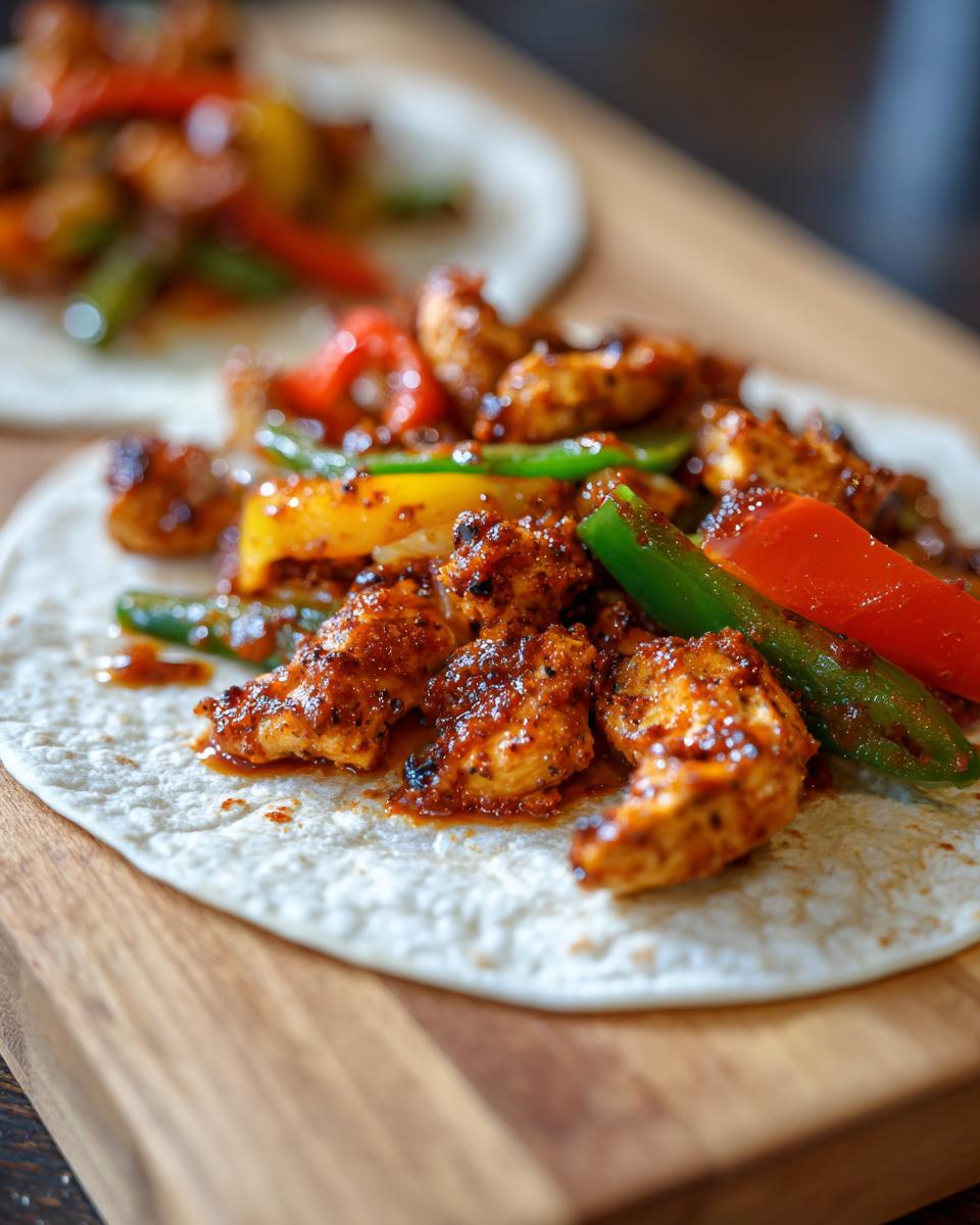 Close-up of 20-Minute Sheet Pan Chicken Fajitas on a tortilla, with chicken and colorful peppers.