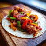 Close-up of 20-Minute Sheet Pan Chicken Fajitas on a tortilla, with colorful bell peppers.