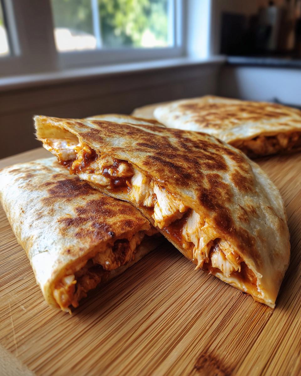 Close-up of a sliced 3-Ingredient BBQ Chicken Quesadilla on a wooden board, showing the filling.