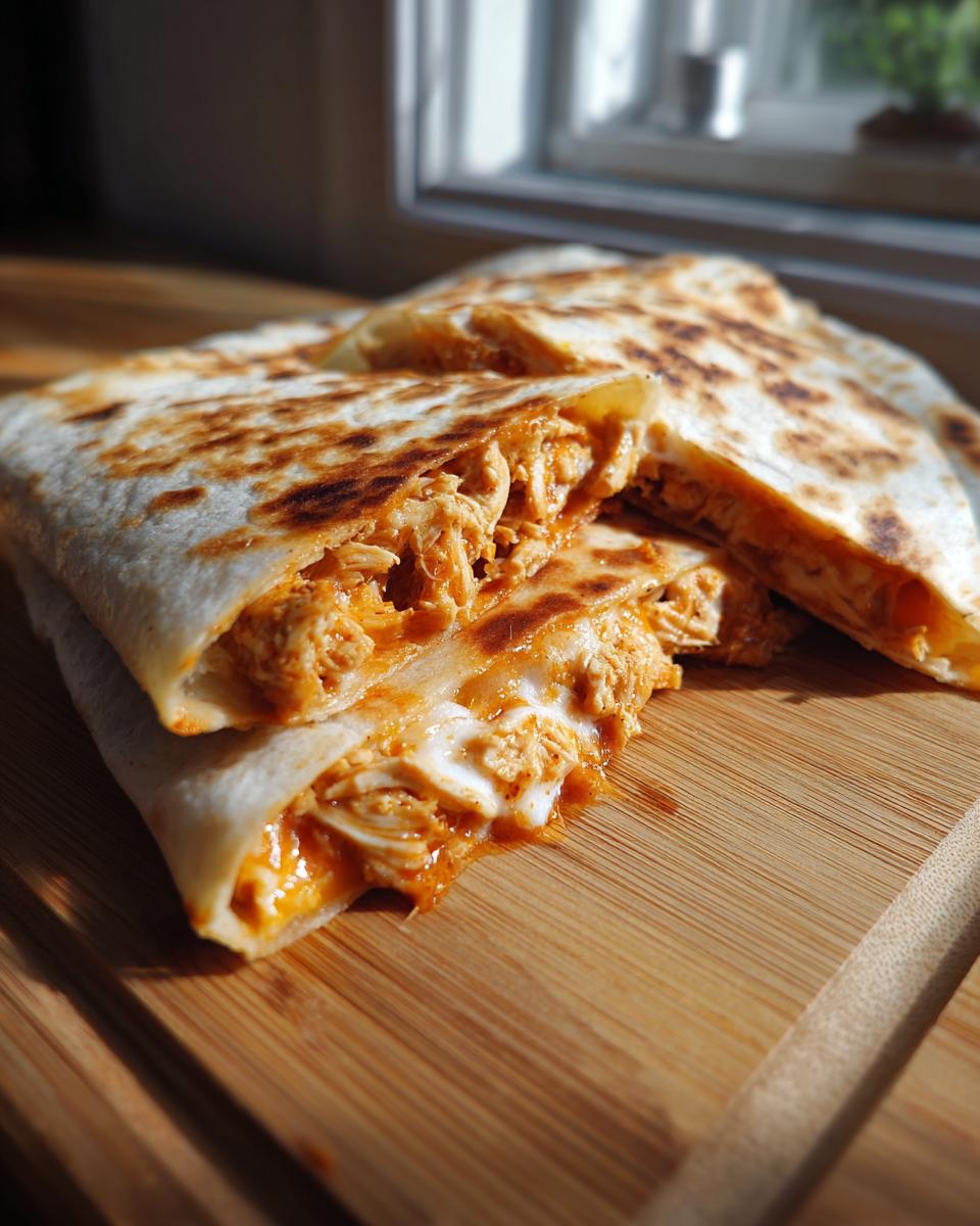 Close-up of a 3-Ingredient BBQ Chicken Quesadilla cut open, showing the filling and melted cheese.