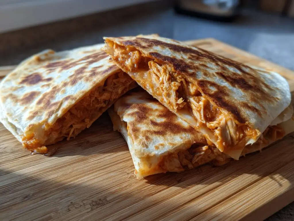 Close-up of delicious 3-Ingredient BBQ Chicken Quesadillas, showing the filling.