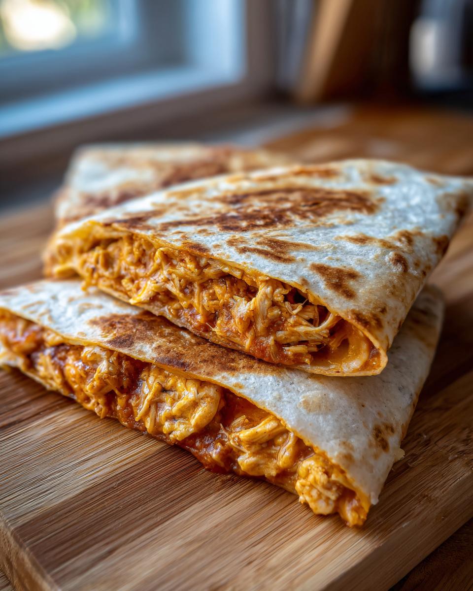 Close-up of a stack of 3-Ingredient BBQ Chicken Quesadillas, showing the filling and crispy tortilla.