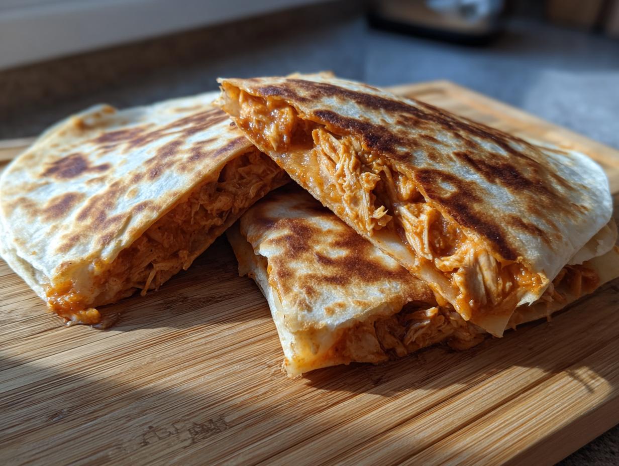 Close-up of delicious 3-Ingredient BBQ Chicken Quesadillas, showing the filling.