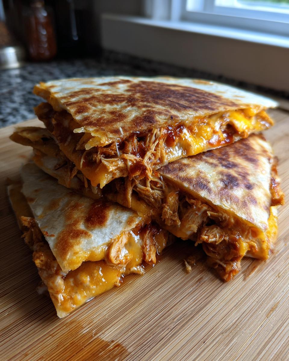 Stack of 3-Ingredient BBQ Chicken Quesadillas on a wooden board.