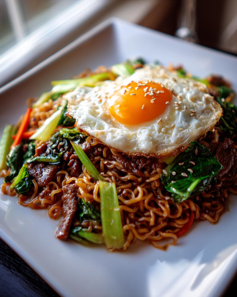 3-Ingredient Ramen Stir-Fry: Easy Recipe in Under 10 Mins! 8 Close-up of a 3-Ingredient Ramen Stir-Fry with a fried egg and vegetables on a white plate.