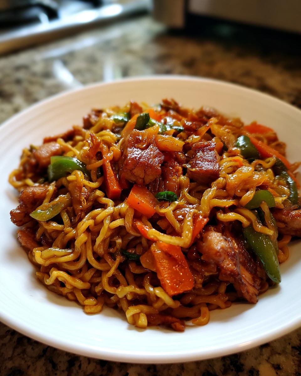3-Ingredient Ramen Stir-Fry: Easy Recipe in Under 10 Mins! 6 Close-up of a plate of 3-Ingredient Ramen Stir-Fry with vegetables and meat.