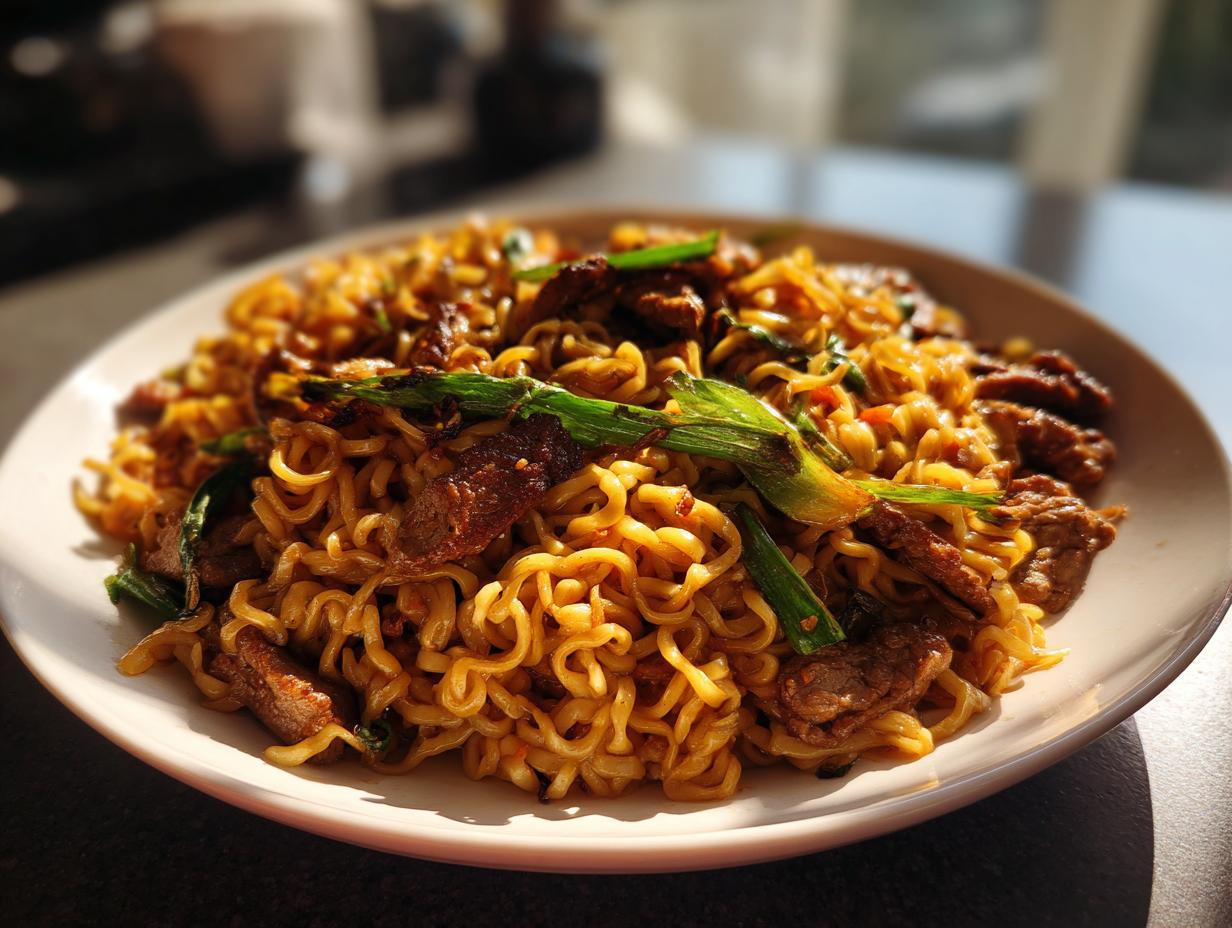 A plate of 3-Ingredient Ramen Stir-Fry with noodles, meat, and green onions.