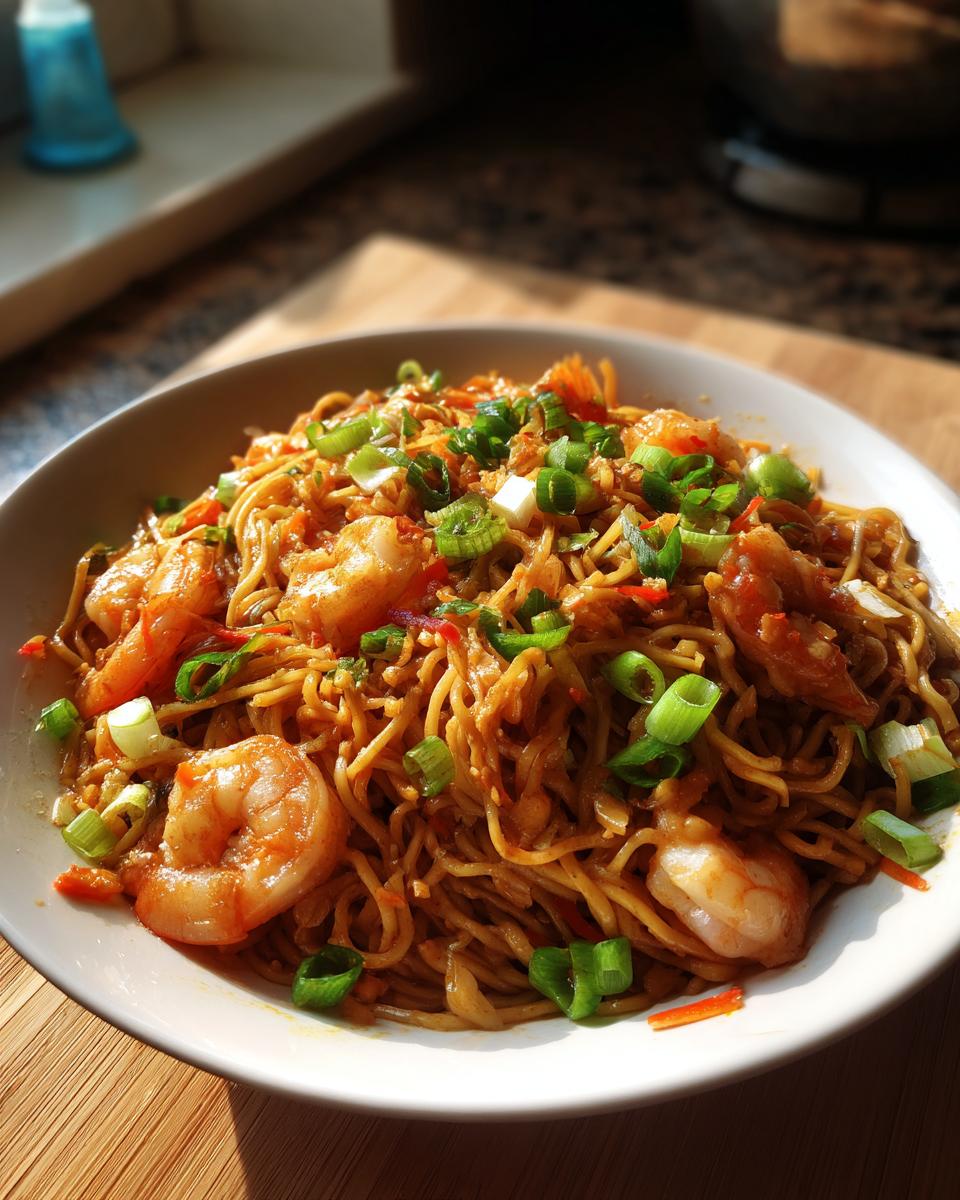 3-Ingredient Ramen Stir-Fry: Easy Recipe in Under 10 Mins! 7 Close-up of a bowl of 3-Ingredient Ramen Stir-Fry with shrimp and green onions.