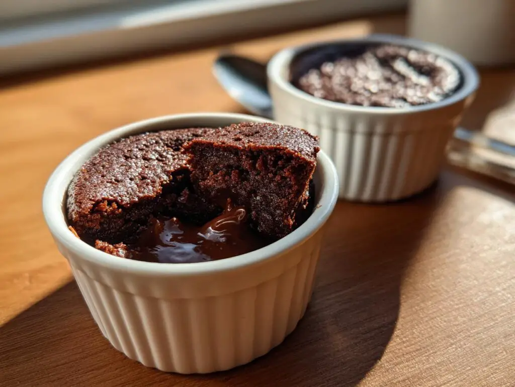 Close-up of a 4-Ingredient Nutella Lava Cake with a molten chocolate center, served in a ramekin.