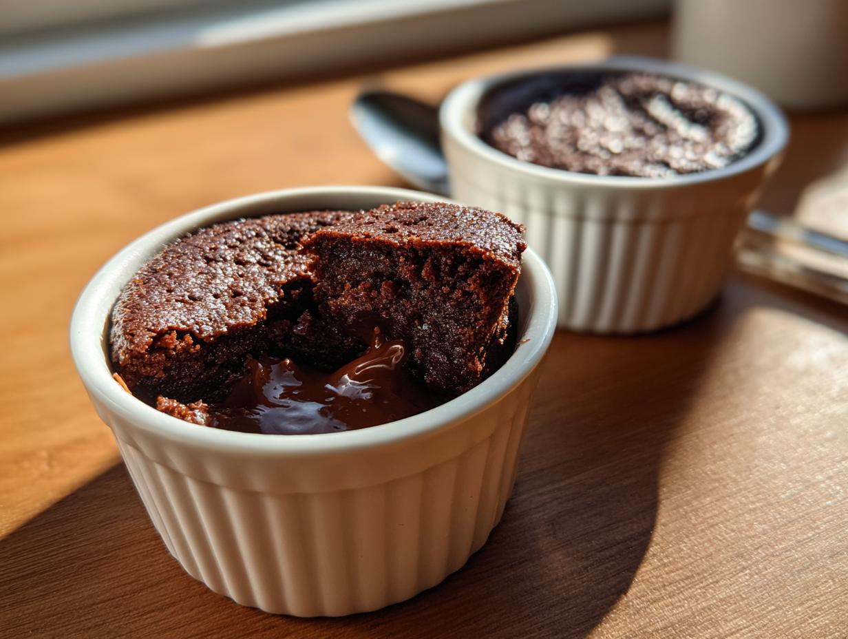 Close-up of a 4-Ingredient Nutella Lava Cake with a molten chocolate center, served in a ramekin.