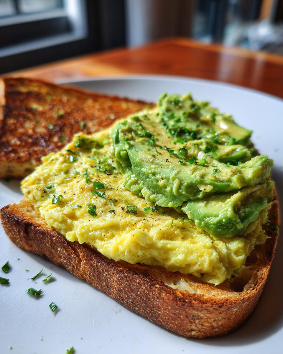 Close-up of a 5-Ingredient Avocado Toast Omelette on toasted bread, topped with avocado slices.