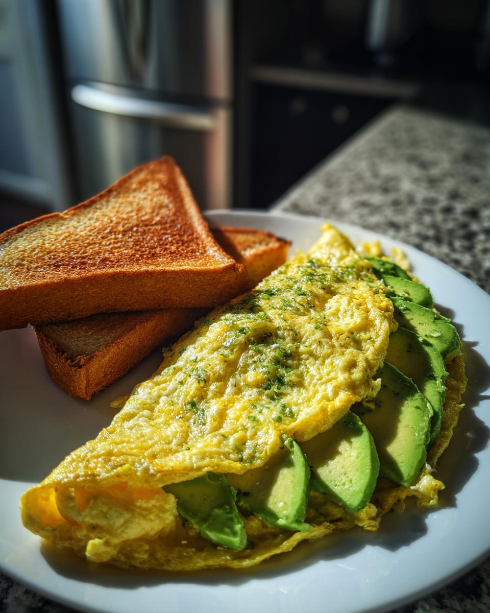 A plate with a 5-Ingredient Avocado Toast Omelette, avocado slices, and toasted bread.