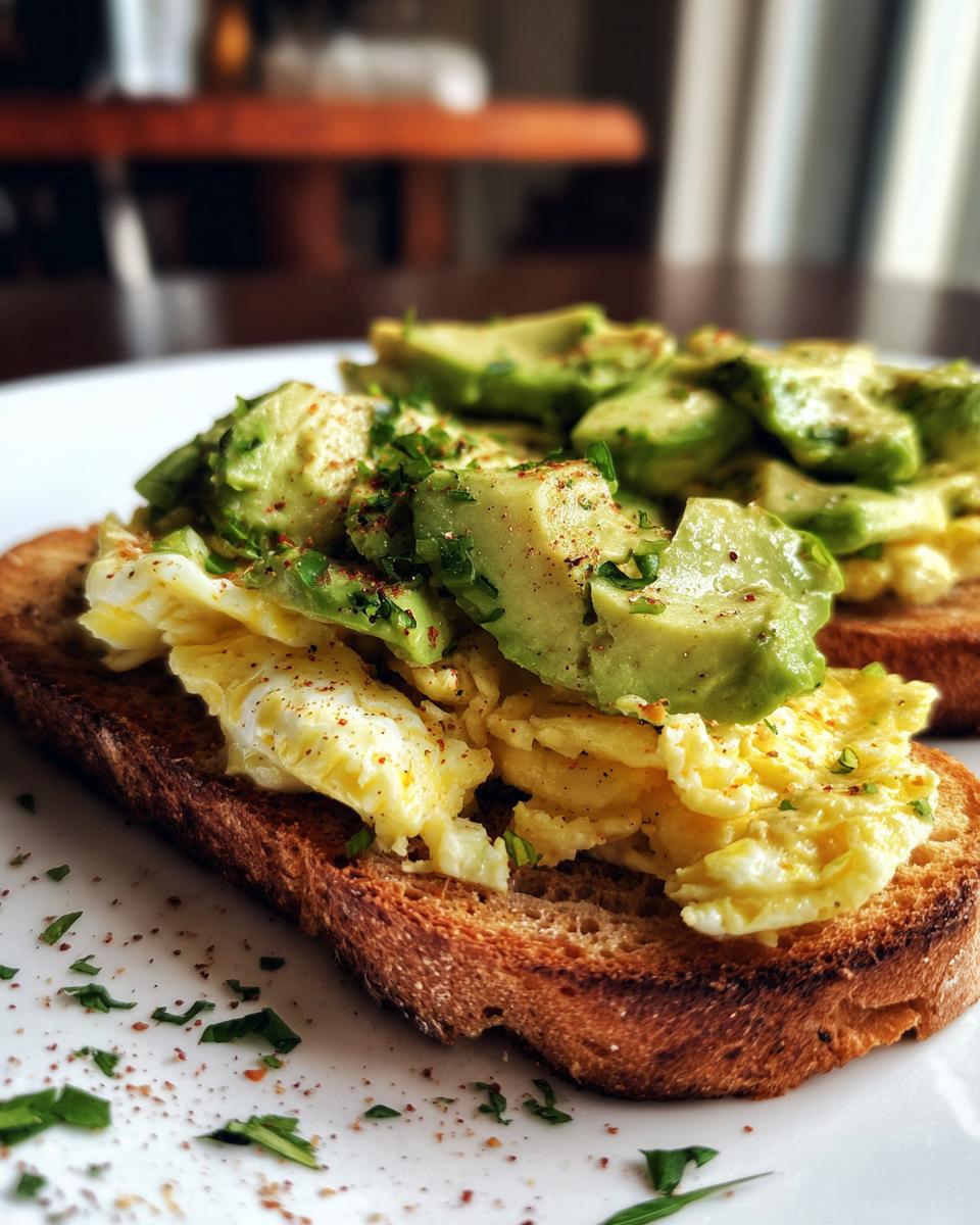 Close-up of a 5-Ingredient Avocado Toast Omelette on toasted bread, topped with avocado and herbs.