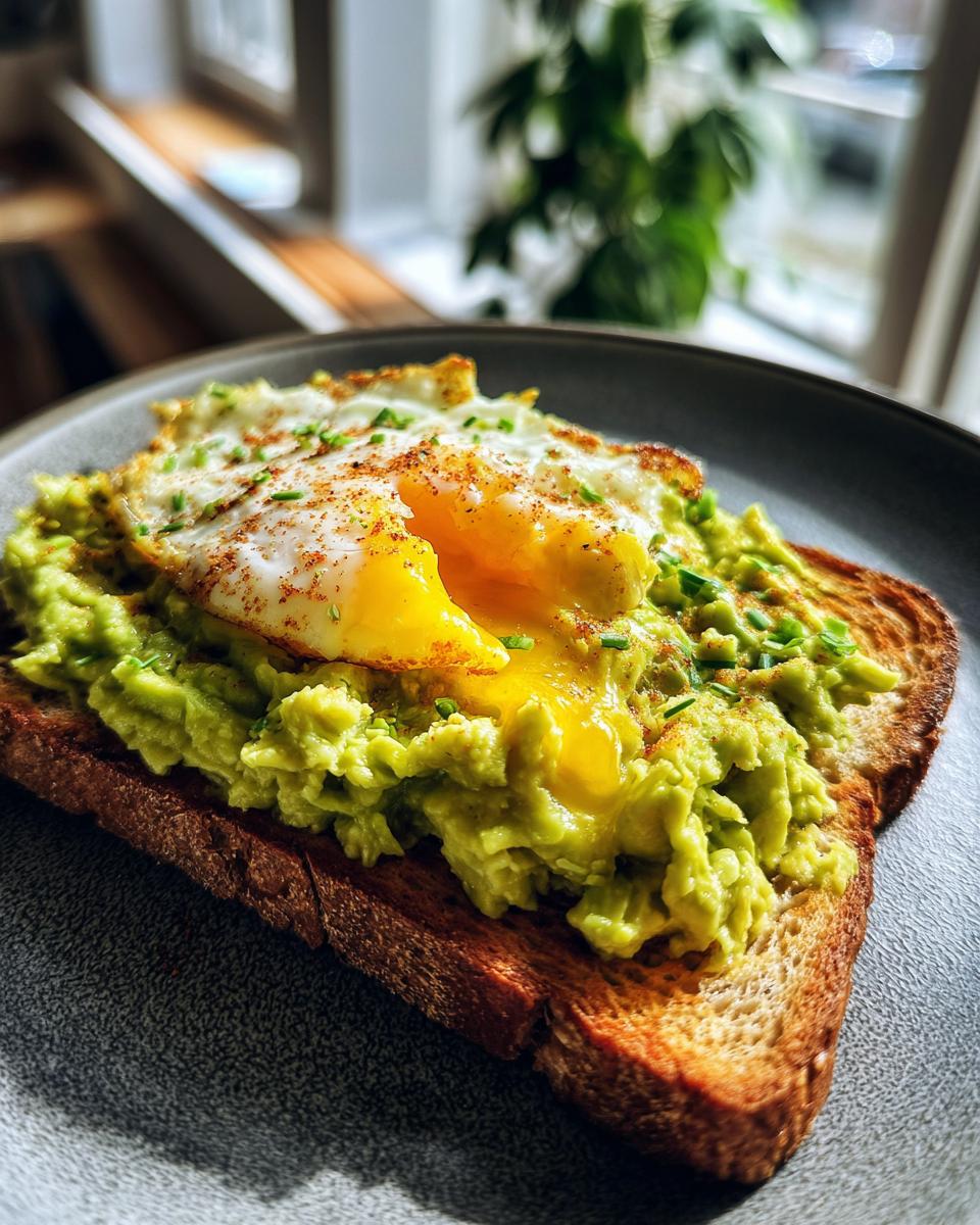 Close-up of 5-Ingredient Avocado Toast Omelette with a fried egg on top, served on toast.