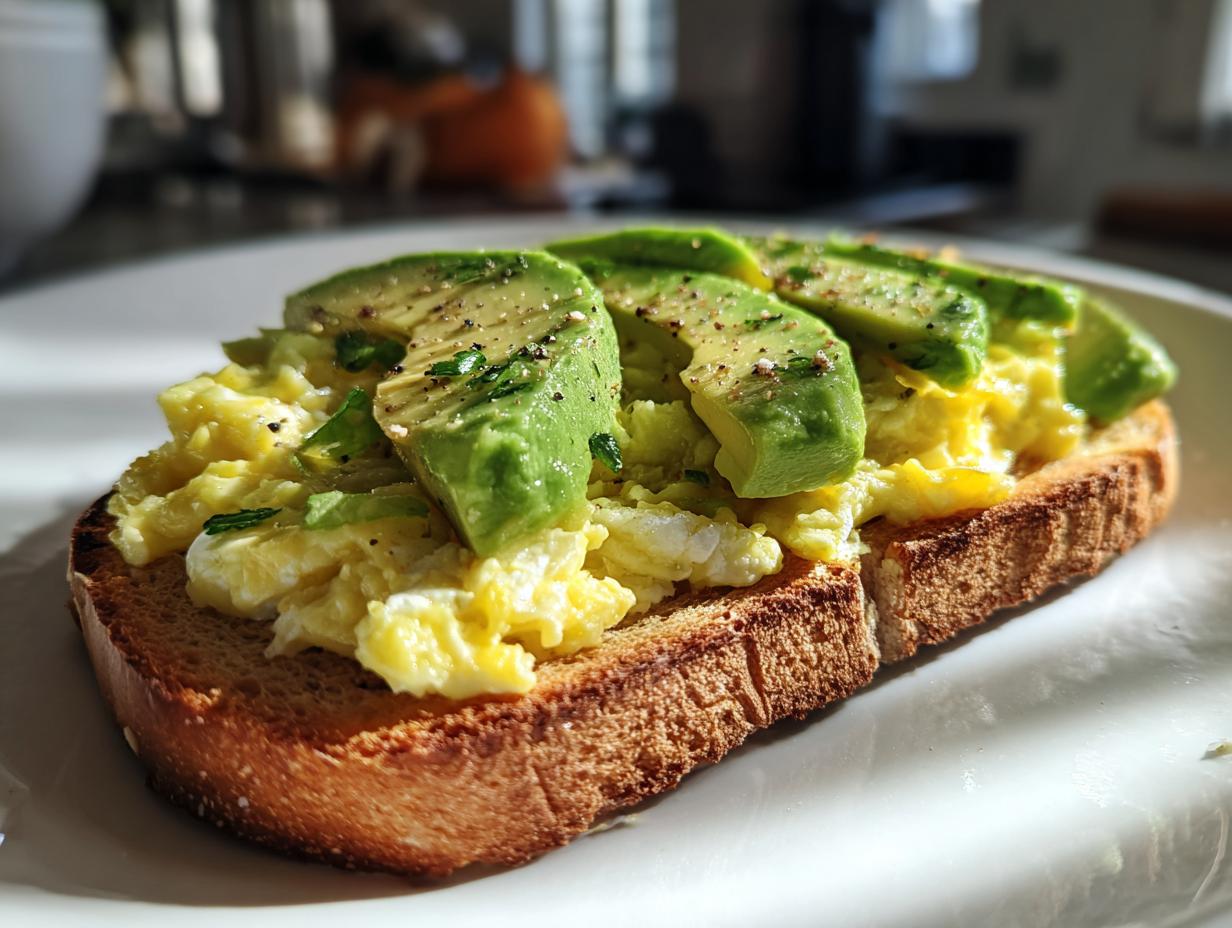 Close-up of a 5-Ingredient Avocado Toast Omelette on toast, topped with avocado slices.