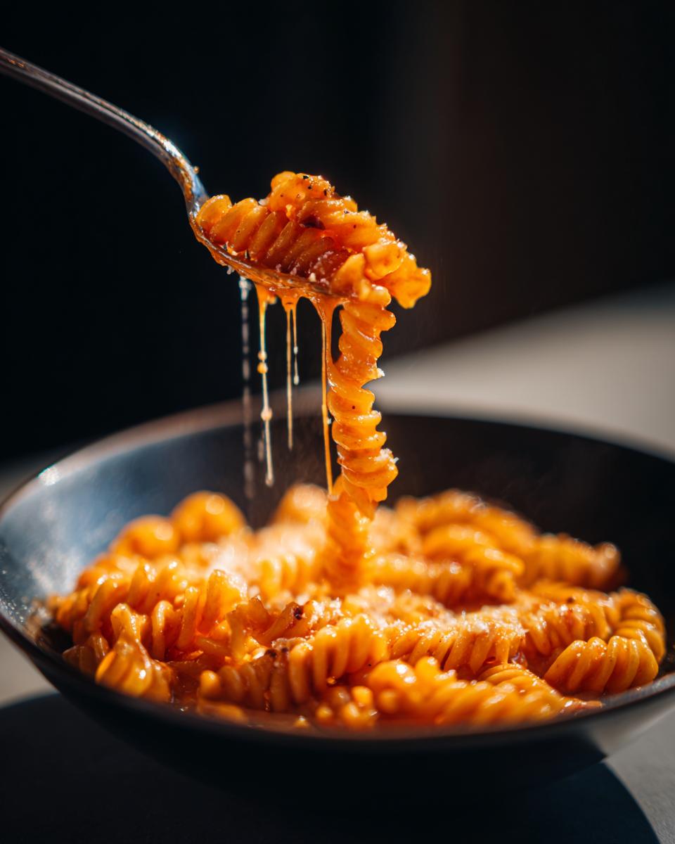 Close-up of 5-Minute Lazy Girl Pasta with garlic parmesan, cheese pull from a spoon.