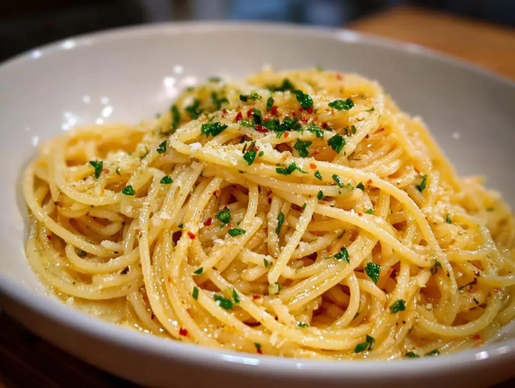 Close-up of a bowl of 5-Minute Lazy Girl Pasta with Garlic Parmesan, garnished with herbs and red pepper flakes.