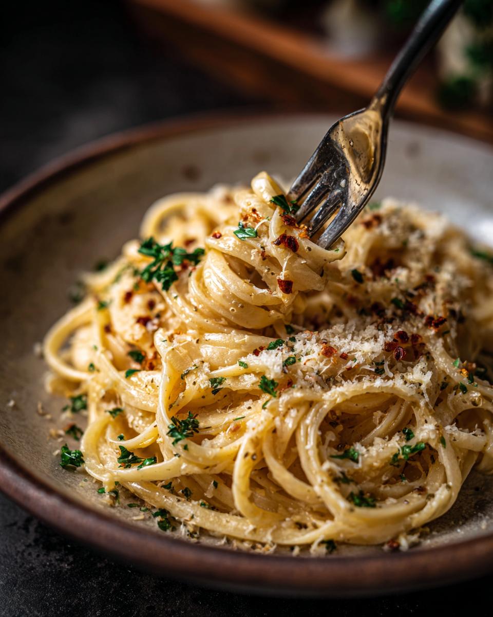 Close-up of 5-Minute Lazy Girl Pasta with Garlic Parmesan, fork lifting pasta.