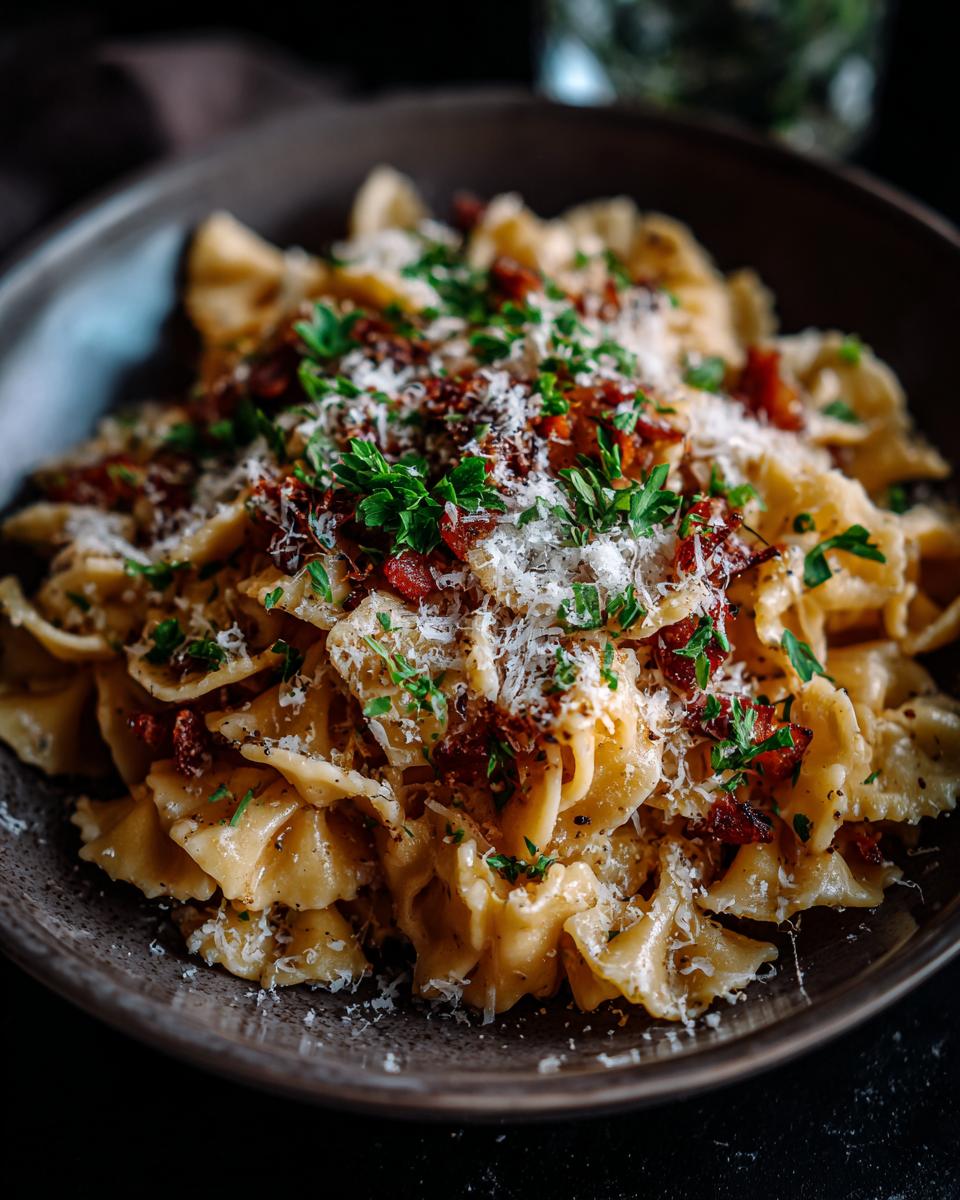 Close-up of 5-Minute Lazy Girl Pasta with Garlic Parmesan, garnished with parsley and cheese.