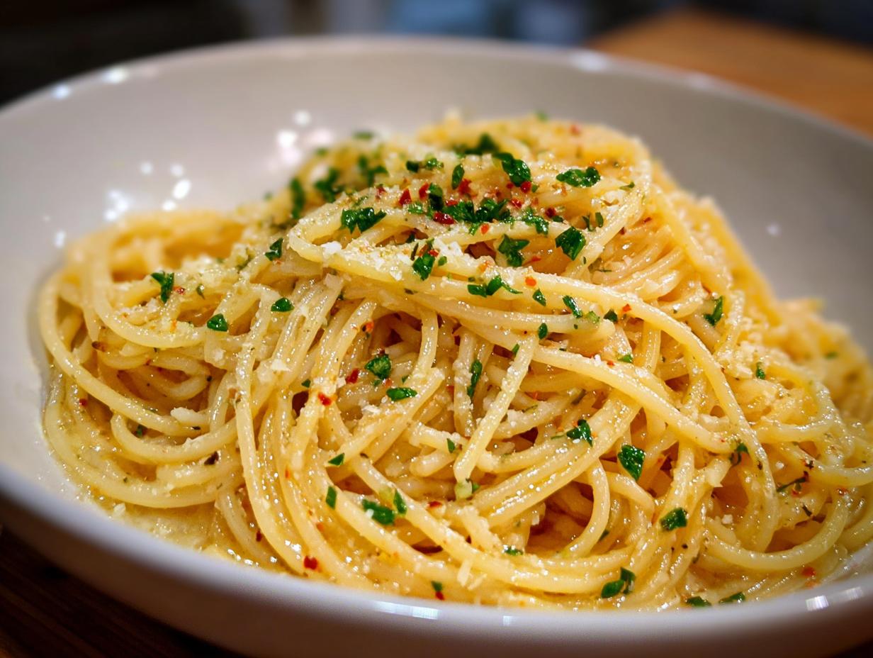 Close-up of a bowl of 5-Minute Lazy Girl Pasta with Garlic Parmesan, garnished with herbs and red pepper flakes.