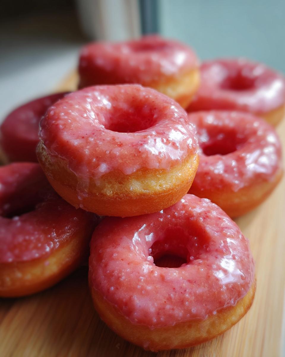 Pile of air fryer mini donuts with strawberry glaze, a delicious treat.