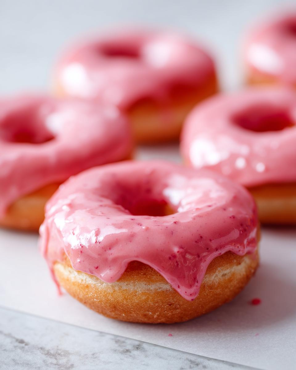 Close-up of air fryer mini donuts with strawberry glaze, a delicious treat.