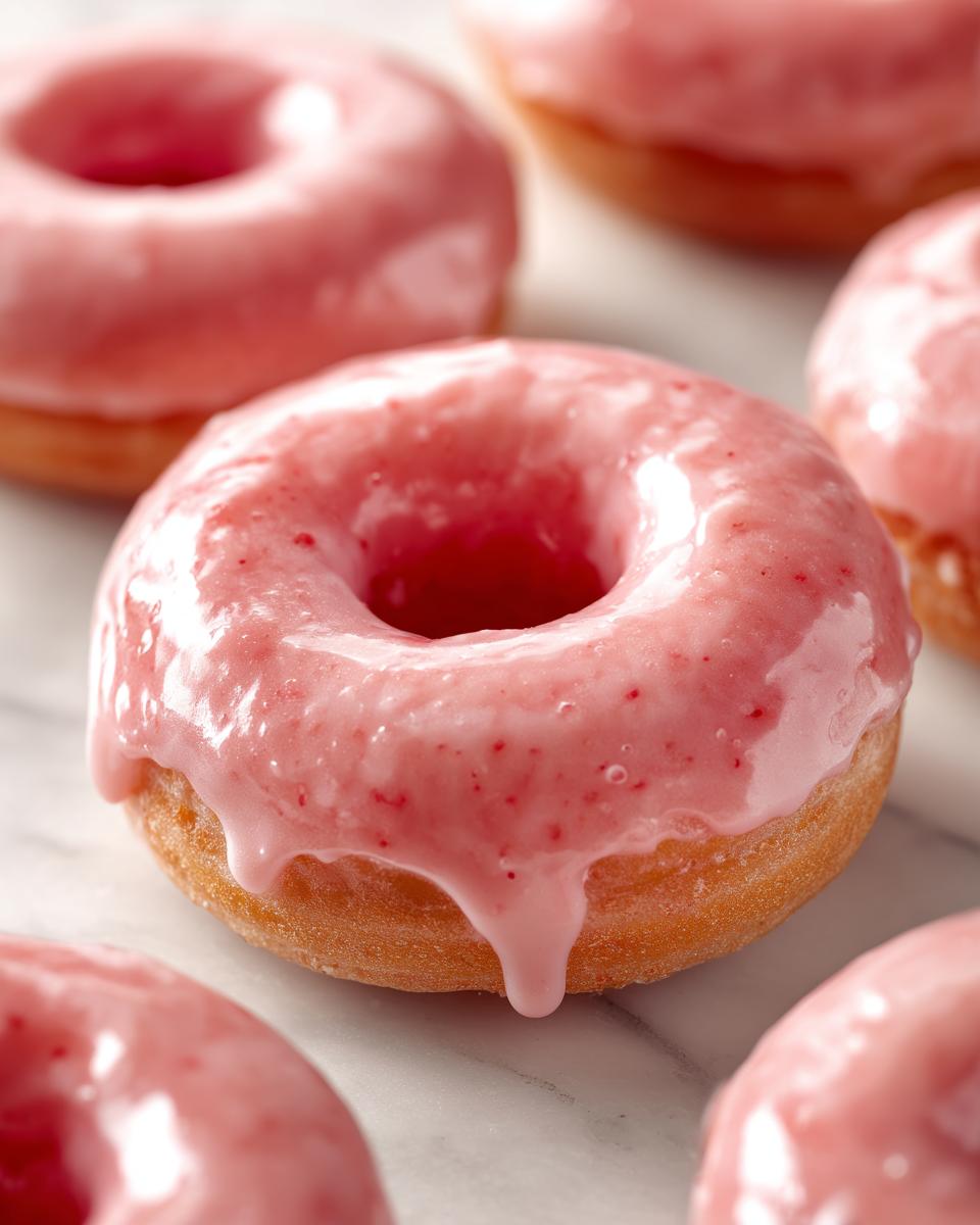 Close-up of air fryer mini donuts with strawberry glaze, showing the texture and glaze.
