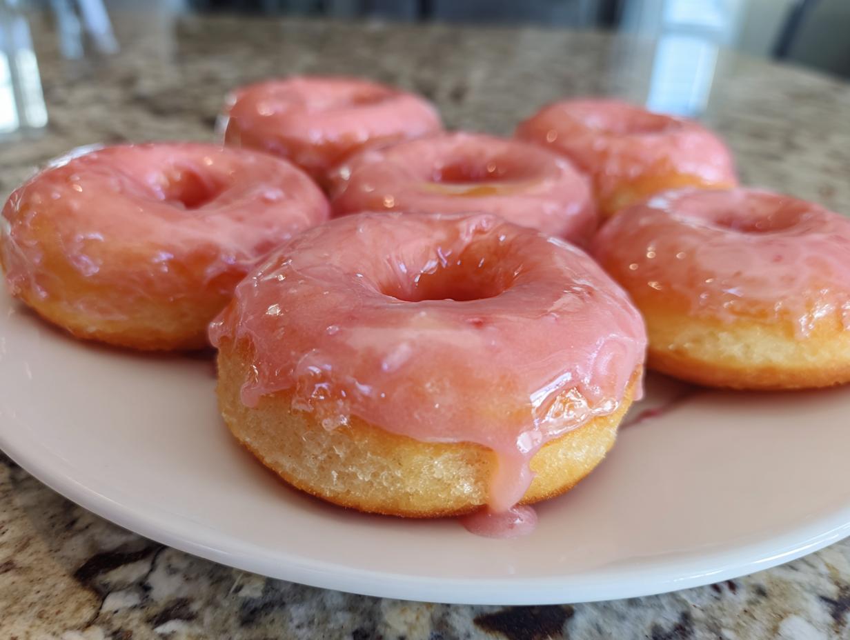 Close-up of air fryer mini donuts with strawberry glaze on a white plate.