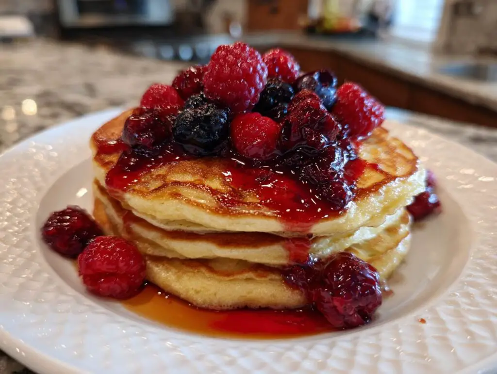 A stack of fluffy Almond Flour Pancakes topped with a vibrant berry compote and fresh berries.