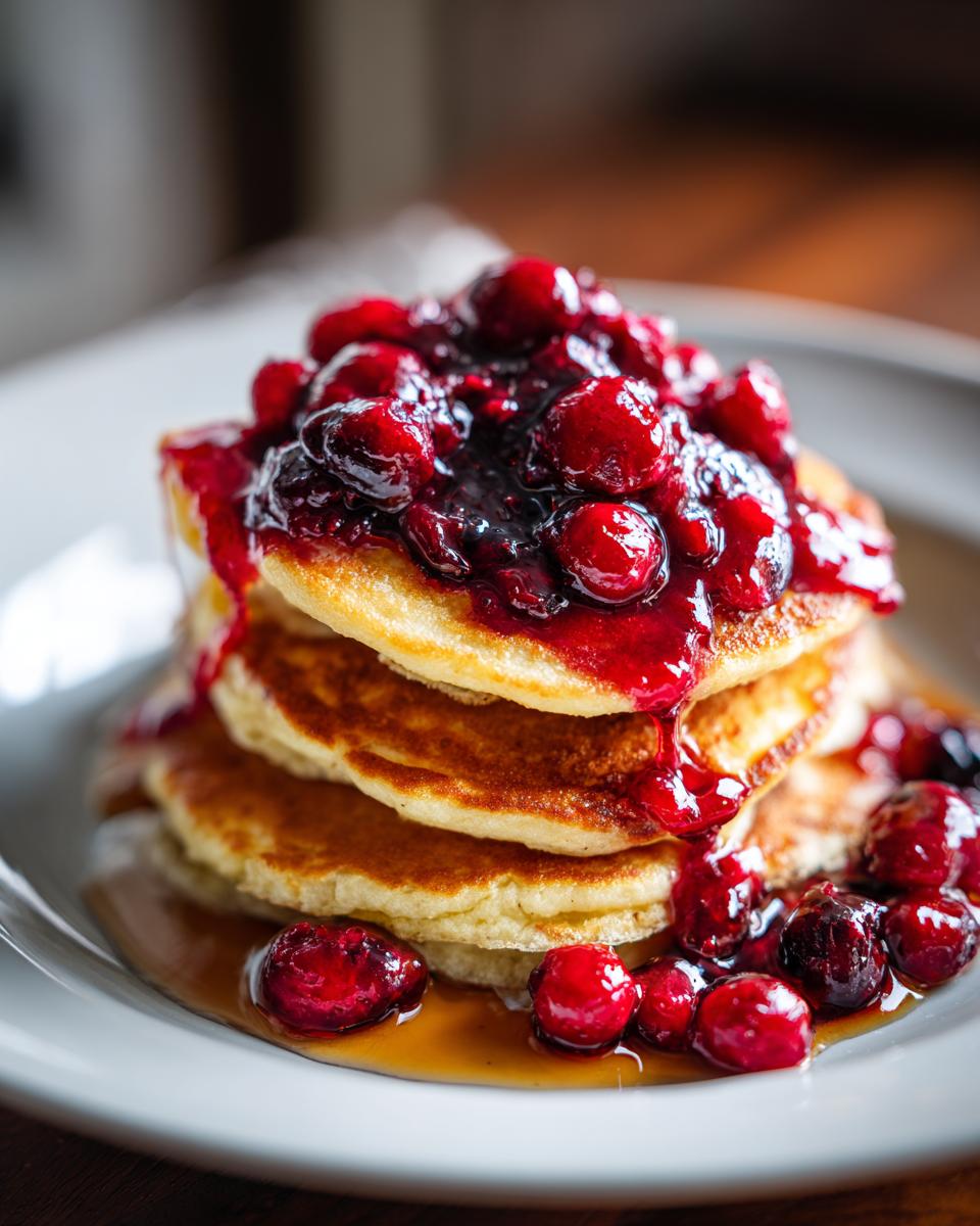 A stack of golden Almond Flour Pancakes topped with a generous serving of vibrant berry compote and syrup.