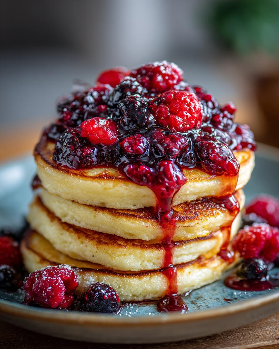 A tall stack of fluffy almond flour pancakes topped with a generous amount of mixed berry compote and a dusting of powdered sugar.