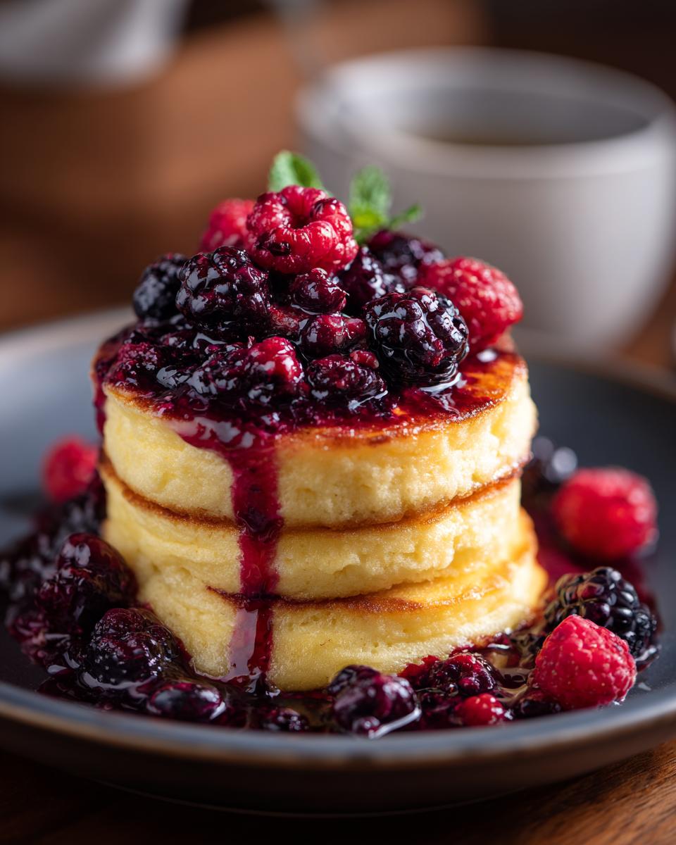 A stack of fluffy Almond Flour Pancakes topped with a generous serving of mixed berry compote and fresh berries.