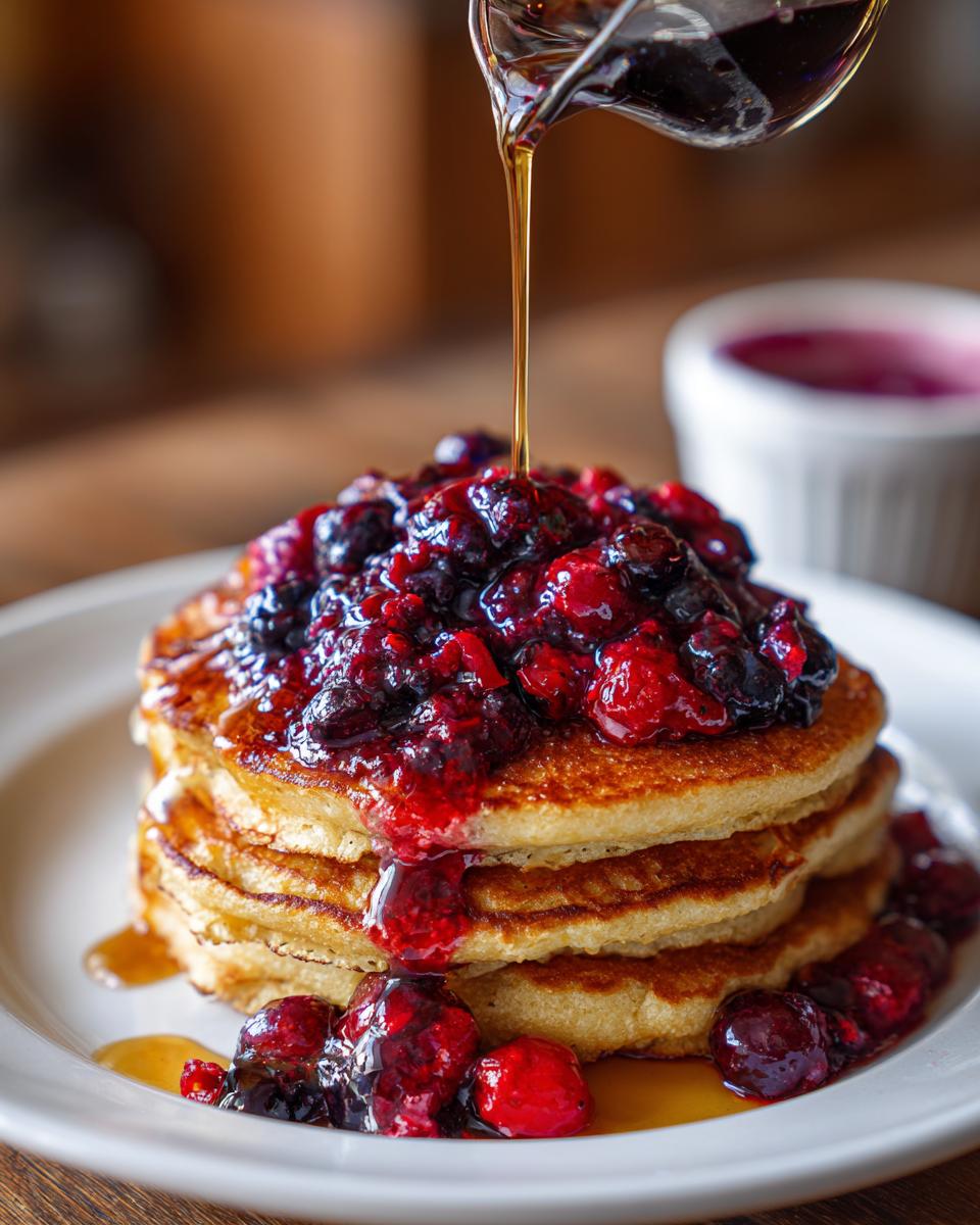 A stack of golden Almond Flour Pancakes topped with a vibrant berry compote and drizzled with syrup.