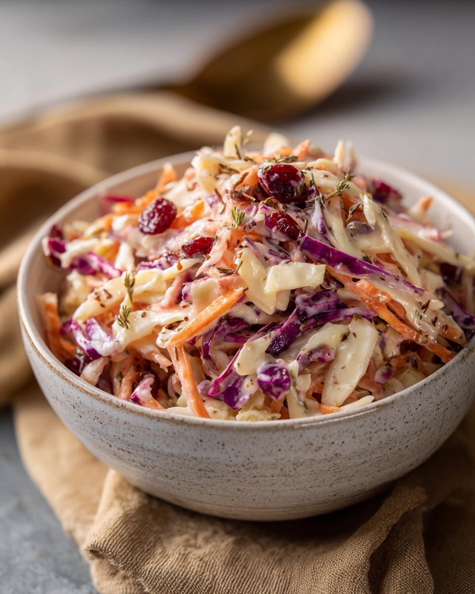 Close-up of a bowl filled with Apple Cranberry Coleslaw, showing ingredients like red cabbage and cranberries.