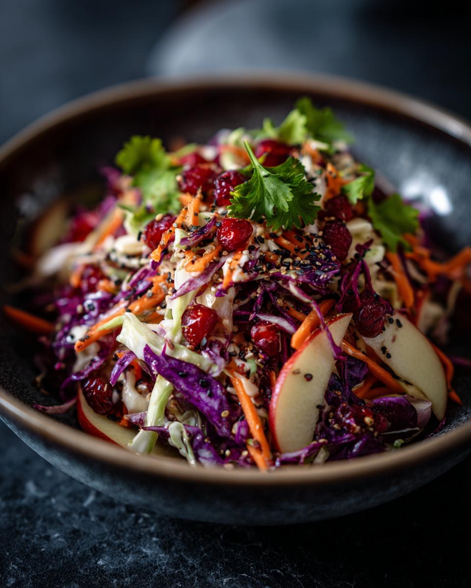 Close-up of a bowl of Apple Cranberry Coleslaw with apples, cranberries, and carrots.