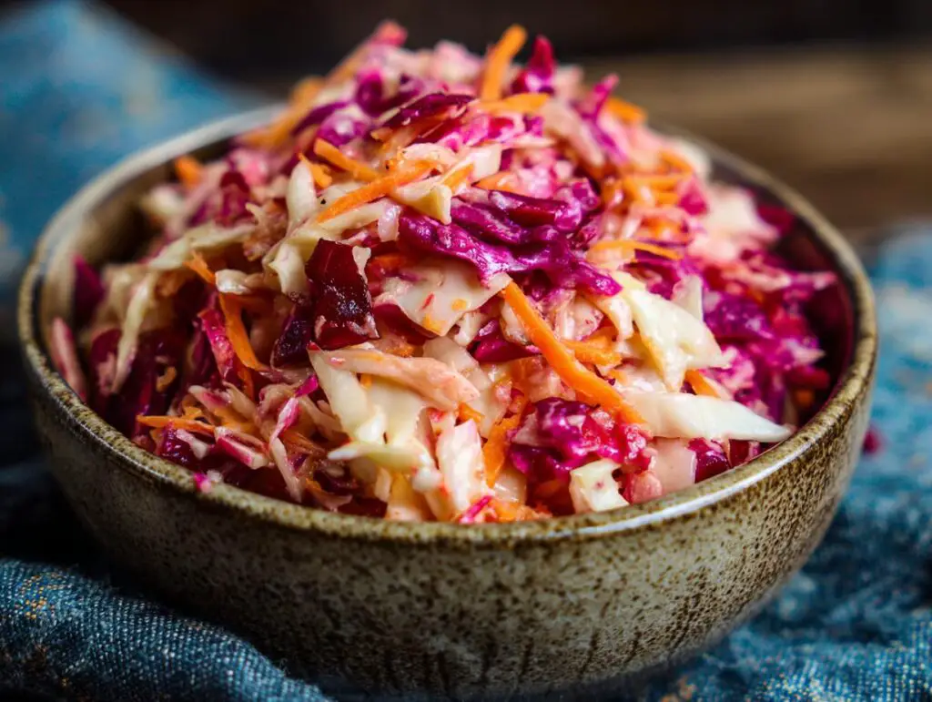 Close-up of a bowl filled with vibrant Apple Cranberry Coleslaw, showcasing shredded cabbage, carrots, and cranberries.