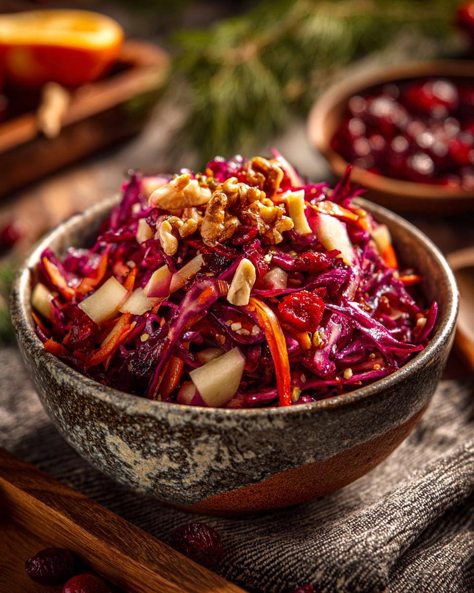 Close-up of a bowl filled with apple cranberry coleslaw, walnuts, and dried cranberries.